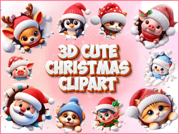 3D Cute Peeking Funny Christmas Clipart Bundle